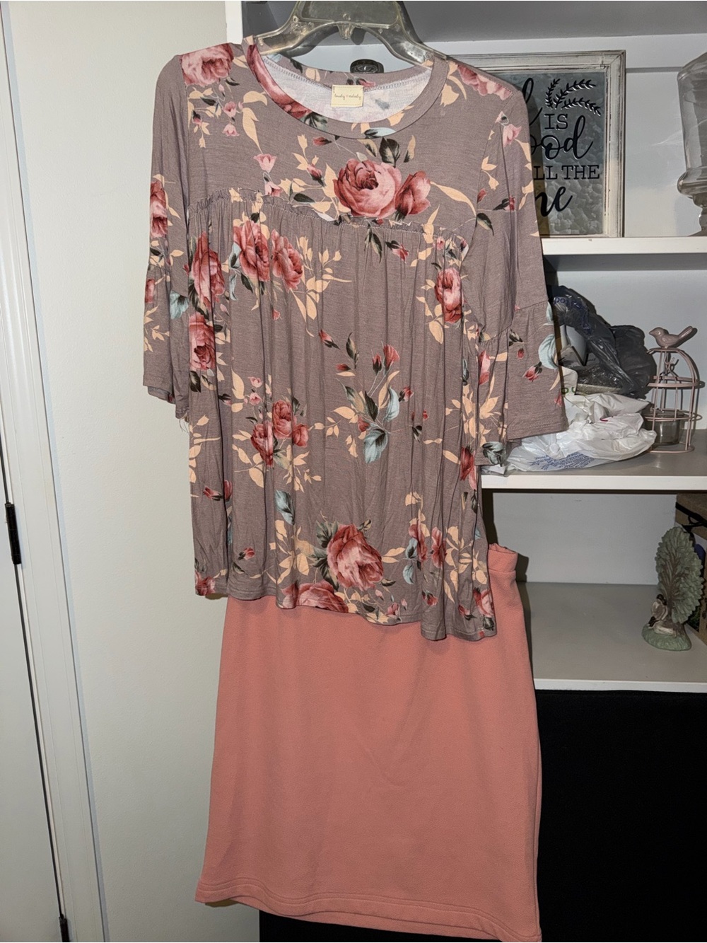 Modest Floral Taupe Pink Tunic Top & Skirt Set